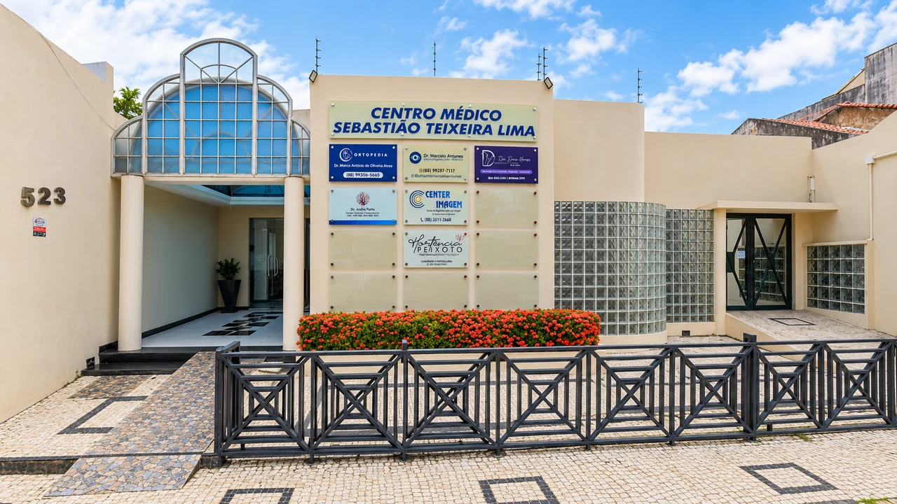 Fachada do Centro Médico Sebastião Teixeira Lima, número 523, local de atendimento da Dra. Denise Menezes